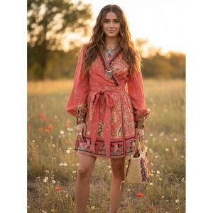 ANTHROPOLOGIE Raquel Embroidered Beaded Mini Dress Pink Coral Wrap Style Boho XS